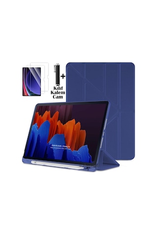 Lenovo Idea Tab Pro 12.7 Inç 2025 Tablet Kılıf Kalem Bölmeli Standlı Silikon Kapak + Ekran Koruyucu Cam Set