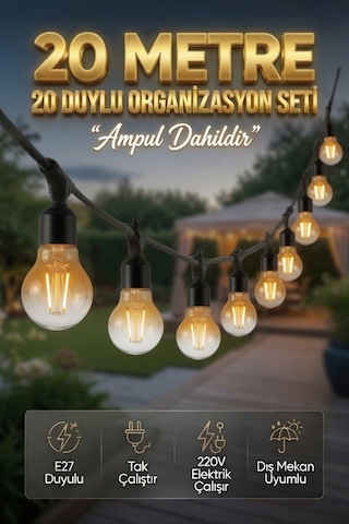 20 Metre 20 Duy Organizasyon Seti A60 4w E27 Rustik Ampul Dahil 220v Dış Mekan Bahçe Teras Festoon Işık Zinciri Siyah