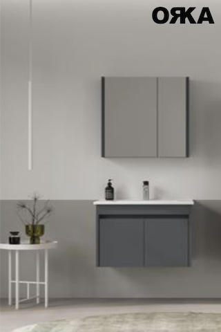 Modern Orka Side 65 Cm Mat Beyaz Kapaklı Lavabo Ve Ayna Takımı Suya Dayanıklı Mdflam Antrasit