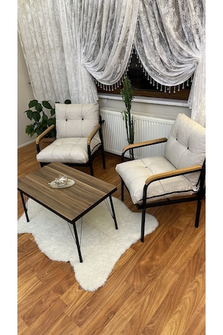 Modern Style Home Modern Levent Balkon, Bahçe, Cafe - Metal Kanepe Koltuk Takımı 2 Tekli + Sehpa Krem Modernk047 Krem