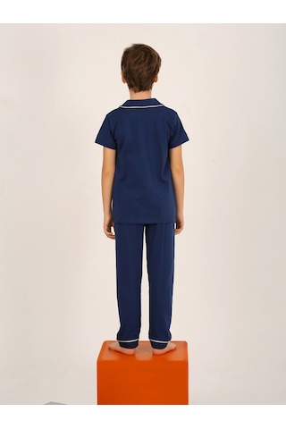 Vitmo Erkek Çocuk Kısa Kollu Düğmeli %100 Pamuklu Pijama Takımı The King Lacivert