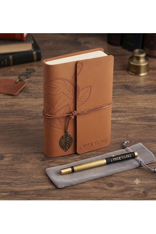 Vintage Tasarım Deri Defter Ve Özel İsim Yazılı Metal Kalem Seti
