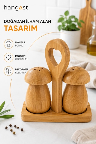 Doğal Bambu Mantar Tuzluk Biberlik Seti 2 Li Baharatlık Standlı Dekoratif Tuz Biber Seti Bej