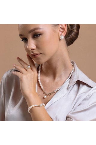 Taşlı Doğal İnci Kolye Bileklik Yüzük Küpe Dörtlü Set - 17