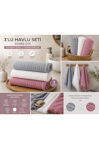 3'lü Pamuklu El Yüz Havlusu Seti 50x90 Cm Yumuşak Dokulu Yüksek Emici Günlük Kullanım Havlu Gri