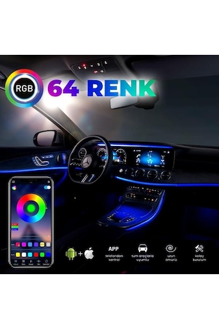 Araç İçi Ambiyans Aydınlatma Sistemi 64 Renk Rgb Led Bluetooth Destekli - Müzik Ve Ses Duyarlı 9"