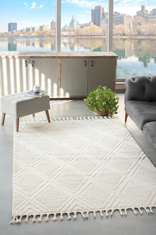 Mariesse Home Elit Koleksiyonu Yüksek Kalite Bukleli Yumuşak Saçaklı Oturma Odası Ve Salon Halısı Krem