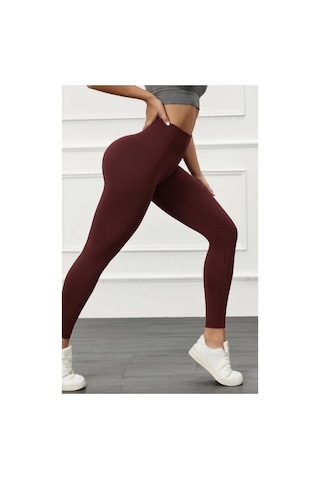 Mercan Kids & Butik Kadın Yüksek Bel Toparlayıcı Tayt Dikişsiz İç Göstermez Spor Taytı Bordo