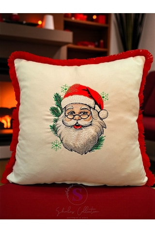 Noel Baba Nakışlı Fırfırlı Buldan Keteni Yastık Kılıfı 43 X 43 1 Adet Dolgusuz Çok Renkli