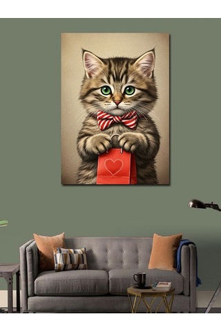 Kanvas Tablo Fiyonklu Kedi Ve Şirin Hediye 50cmx70cm