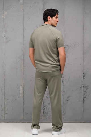 Mass Plus Regular Fit Likralı Kendinden Çizgili Yarım Baggy Pantolonlu T-shirt Takım Yeşil