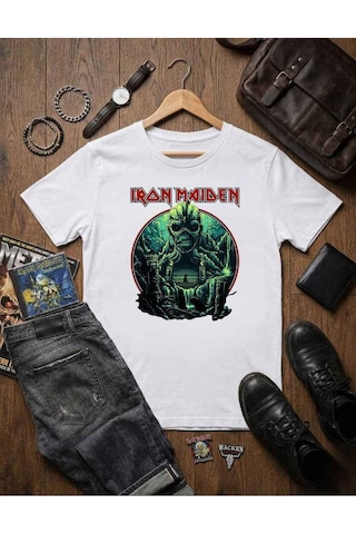 Erkek Iron Maiden Rock Metal Grubu Baskılı Pamuklu T-shirt Beyaz