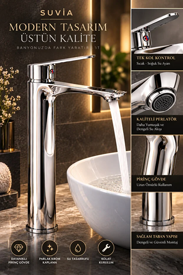 Lavabo Bataryası Yüksek Gövde Krom Çanak Lavabo Musluğu Sıcak Soğuk Su Bataryası