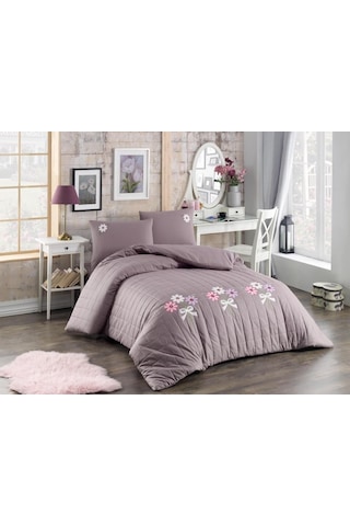 Fulya Çift Kişilik Nakışlı 4 Mevsim Kapitone Nevresim Seti Leylak