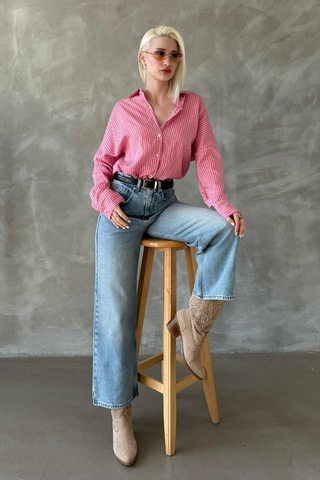 Madmext Pembe Çizgili Oversize Kadın Gömlek Mg2327 Pembe