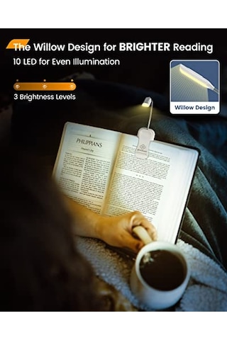 Söğüt Yatakta Kitaplar İçin Okuma Işıkları, 10led Parlak Kitap Işığı, 3 Renk Ve 3 Parlaklık, Şarj Edilebilir Kitap Işığı 80 Saat Sürer, Okuma Işığında Hafif Klips Beyaz Enerji Sınıfı A