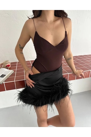 Efnaz Style Derin Dekolte Askılı Body Sırt Dekolteli Şık Kolsuz Yazlık Bodysuit - Kahverengi