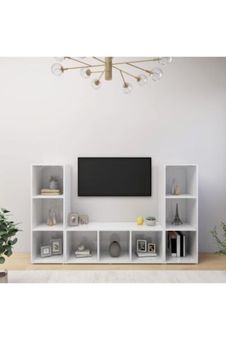 Nehir Kitaplıklı Televizyon Sehpası Ünitesi Kitaplık Beyaz 150 Cm 9 Raflı Beyaz