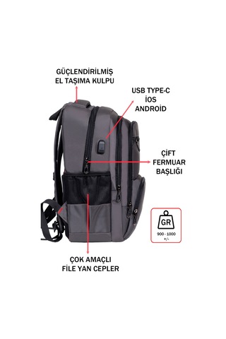 Dada 04 Gri Laptop Sırt Çantası 14-15,6 İnç Usb Aparat Ortopedik Sırt Darbe Emici Koruma