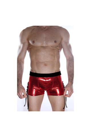 Erkek Kırmızı Fantezi Giyim Deri Görünümlü Yan Bağcıklı Boxer Hf012106