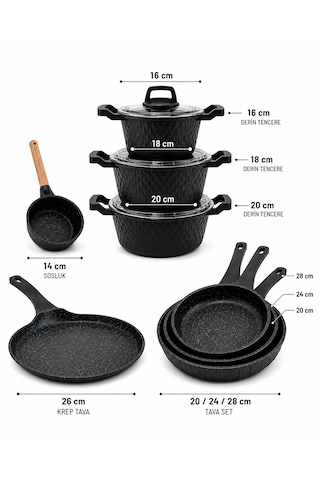 Obsidyen Supreme Set 12 Parça Döküm Granit Tencere, Tava, Krep Tava Ve Sosluk Seti 16-18-20 Cm Derin Tencere 20-24-28 Cm Tava 26 Cm Krep Tava 14 Cm Sosluk Siyah