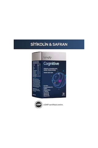 Longify Cognitive Sitikolin, Fosfatidilserin, Safran, Ginkgo Biloba, L-teanin, B2, B6 Ve B12 Takviye Edici Gıda 30 Kapsül
