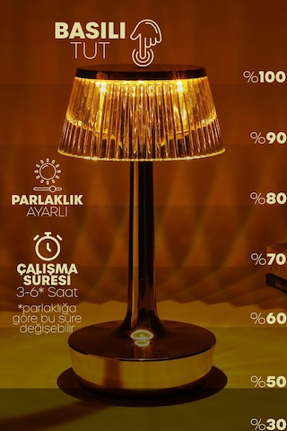 Gold Kristal Şarjlı Dokunmatik Masa Lambası Metal 3 Işık Parlaklık Ayarlı Gece Masa Üstü Lamba 1820 Gold