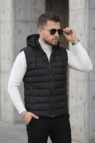 Yelly Slim Fit Fermuarlı Cep Detaylı Erkek Şişme Yelek - Çıkarılabilir Kapüşonlu & Astarlı Siyah