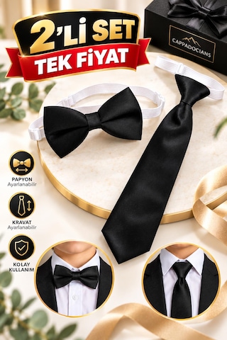 Cappadocians Erkek & Kız Çocuk 1-7 Yaş Lastikli Kravat & Lastikli Papyon - Siyah Renk 2'li Set - Unisex Kravat & Papyon