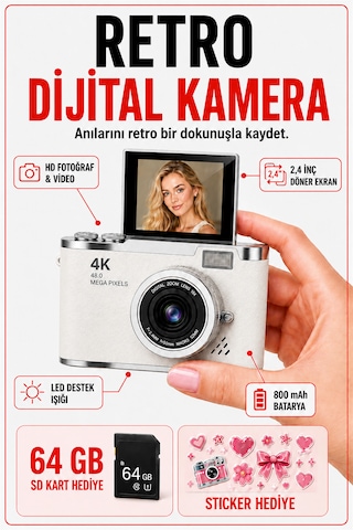 Solvis SOLVİSW Dijital Retro Fotoğraf Makinesi + 64 GB Sd Kart