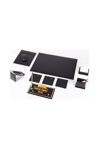 Optima 9 Parça Siyah Deri Sümen Seti Takımı Gold Kalem Ofis Masa İsimliği Kalite Masa Sümeni İsimlik