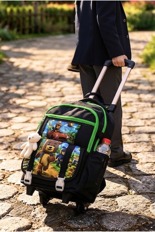 Super Bear Ayıcık Aksesuarlı Beslenme Ve Kalemlikli İlkokul Çekçekli Sırt Çantası Siyah