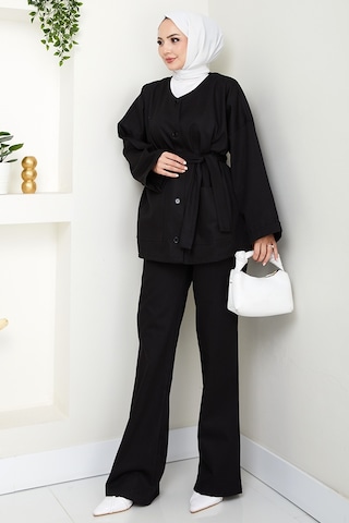 Bestenur Kemerli Ceket Pantolon Gabardin Takım 1557 - Siyah Siyah