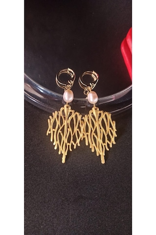 24k Altın Kaplama Gerçek Somon İnci Sallantılı Trend Tasarım Küpe Somon