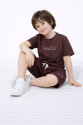 Miniko Kids Erkek Çocuk London Modelli Pamuk Şortlu Takım Kahverengi