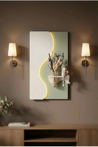 Manolya Ahşap Pilli Ledli İskandinav Tarzı Salon Duvar Rafı Modern Çiçeklik 40 X 70 Cm Yeşil - Paris Grisi