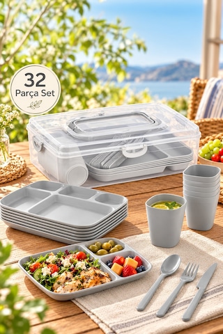 Porsima Ac-101-1 32 Parça 6 Kişilik Pratik Taşınabilir Piknik Seti - Saklama Kutulu Piknik Sepeti Gri