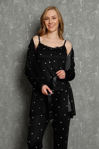 İbrahim Burak Etiler Collection Moda Çizgi Kadın %100 Pamuk 3'lü Sabahlık Pijama Takım 16103 Siyah