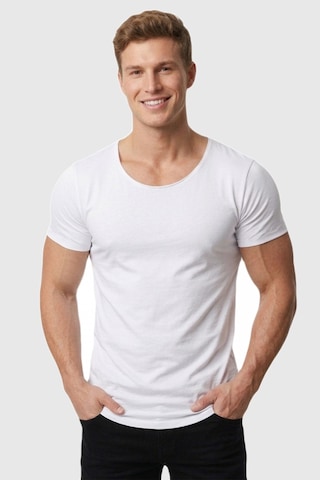 Deepsea Erkek Beyaz Geniş Yaka Likralı Tişört Oval Yaka Slim Fit Eteği Oval Açık Yaka T-shirt 1801199 Beyaz