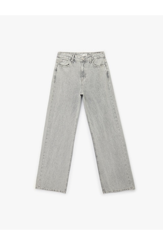 Koton Normal Bel Taş Detaylı Pamuklu Geniş Paça Denim Pantolon - Wide Leg Jean Gri 6sal40006md Gri