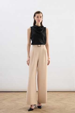 Sateen Kemerli Bol Pantolon - Bej-136821 Bej