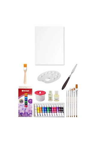Red Apple Tüp Yağlı Boya Seti 12 Ml 12'li 35x50 Tuval Seti Metal Spatül Zemin Fırça Resim Paleti Çok Renkli