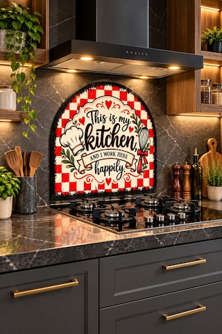 Gökçeoğlu Cam Ocak Arkası Koruyucu Cam Koruyucu Tezgah Ankastre Arkası Oval Şekilli Kitchen Temalı 52 X 60 Çok Renkli