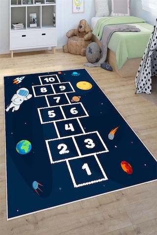 Uzay Temalı Seksek Desenli Yıkanabilir Kaymaz Taban Çocuk Oyun Anaokulu Ve Kreş Halısı Lacivert