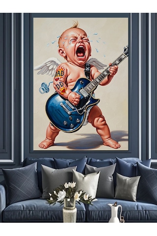 Ahşap Tablo Ağlayan Bebek Gitar Çalıyor Dekoratif Tablolar