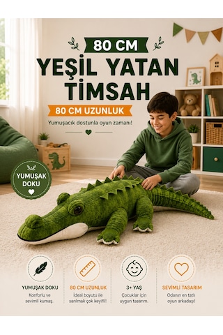 80 Cm Peluş Timsah Yumuşak Oyuncak Uyku Arkadaşı Sevimli Peluş Timsah Yeşil