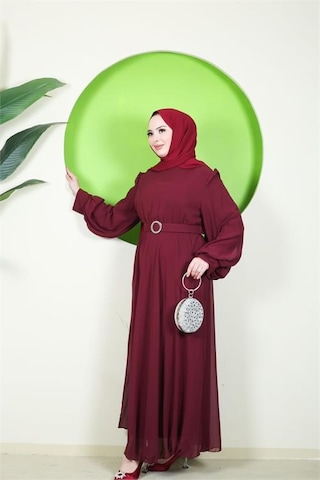 Neşeli Butik Kadın Bordo Tül Kumaş Kemer Detaylı Büyük Beden Tesettür Elbise Nbft006 Bordo