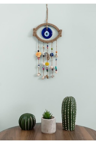 Nazar Boncuklu Hasır Deniz Kabuklu Kötü Göz Kovucu Duvar Süsü Rüz Mavi