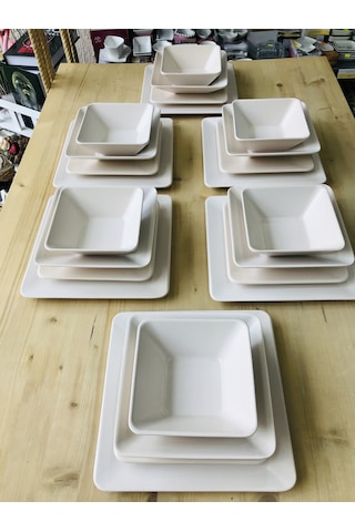 Keramika Mat Krem Kare 24 Parça 6 Kişilik Yemek Takımı