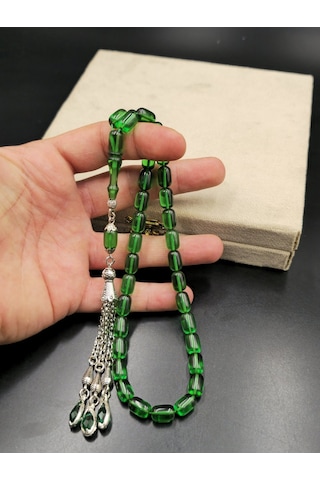 Özel Tasarım Alpaka Püsküllü Ateş Kehribar Tespih 7x11 Mm Gümüş
